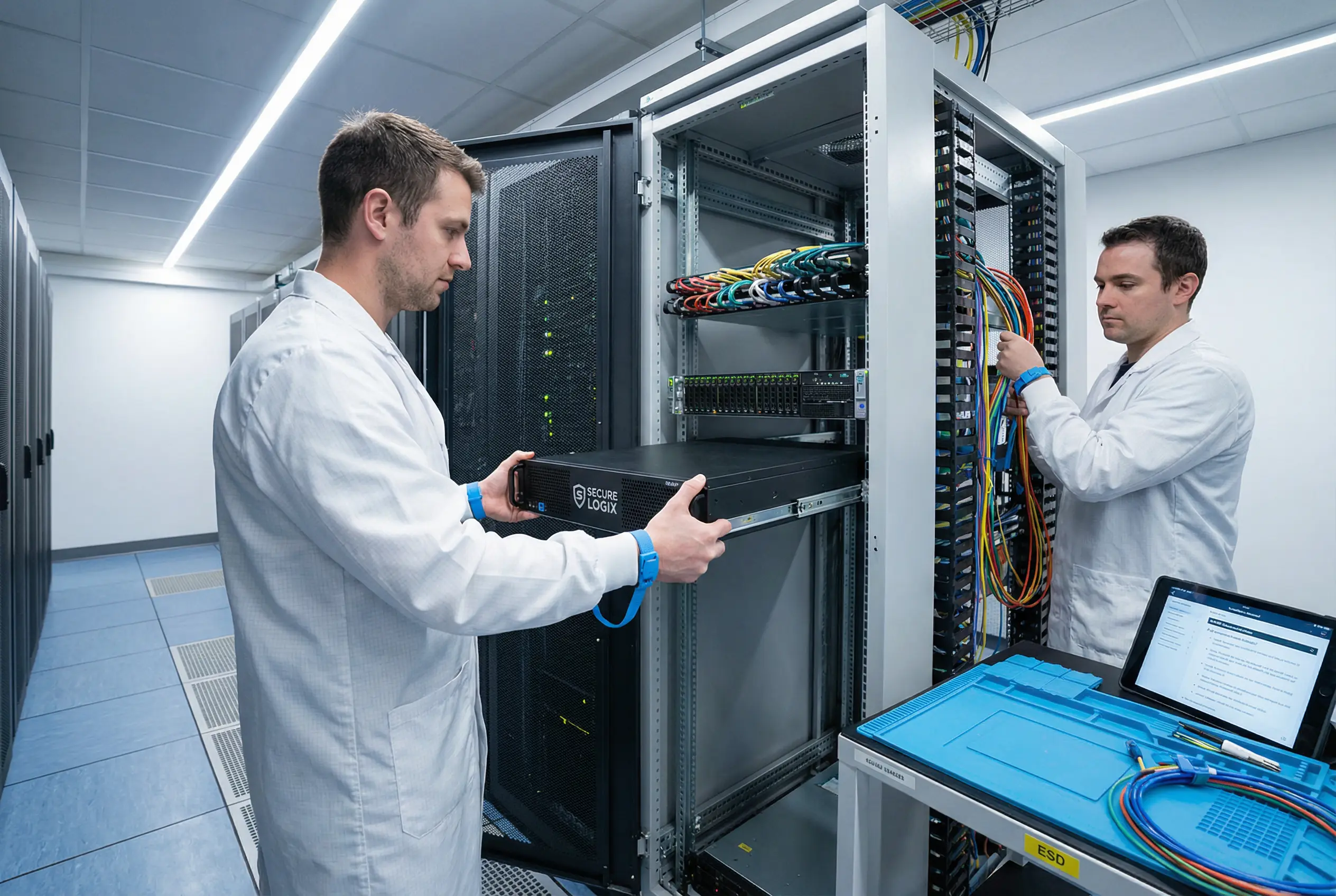 Installation Process — Technicians installing log security appliance